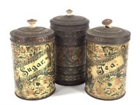 3 Lidded Tin Canisters w/ Bone Knobs, Tea, Sugar +