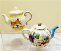 Lot of 2 Small Ceramic Teapots Roses & Fruit