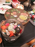 Vintage sewing basket and glass ice bucket full