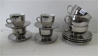 Silver Colored Cup and Saucer (4) and 3 Soup Bowls
