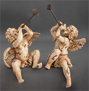 Baroque Revival Angel With Trumpets Sculpture, 2