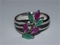 Sterling Silver Ring w/ Emeralds & Rubies