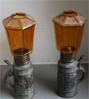 PR OF METAL & AMBER GLASS LANTERN STYLE OIL LAMPS