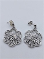 Sterling Silver Diamond Floral Drop Earrings