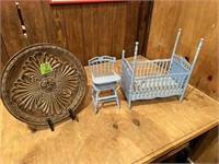 doll bed, high chair, decor on stand