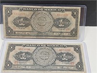 Set of 2 One Peso Mexican Bills '54,'67