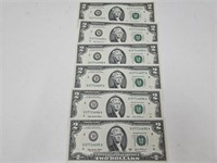 Set of 6 Consecutive UNC 2003 A U.S. $2 Bills