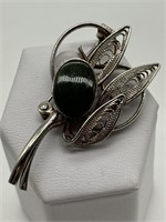 Antique Spun Silver w/ Faux Jade Brooch