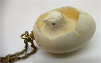 Carved Ivory Chick in Egg Pendant on Necklace