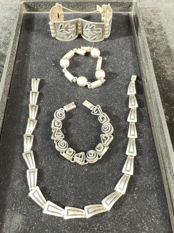 Mexican Sterling Necklace & 3 Bracelets
