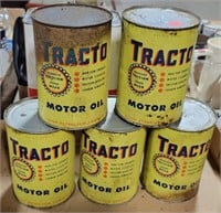 5 TRACTO MOTOR OIL TIN CANS