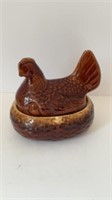 Vintage Hull Pottery Brown Drip Hen on Basket