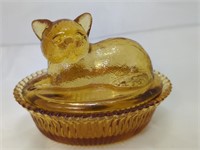 Vintage Amber Glass Kitty in a Basket