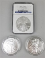 2 2007 & 1 2016 One Ounce Fine Silver Eagles.