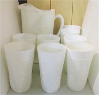 Indiana Milk Glass Pitcher & 8 Tumblers