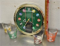 Billiards wall clock (working) & glasses