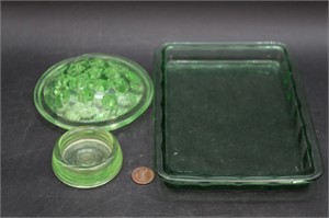 3 Pcs. Vtg. Green Uranium Glass, U.S. Glass Co.+