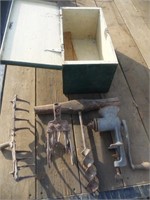 T-Post drill and garden cultivators in wood box