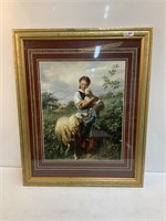 Framed Art, Girl with Sheep on Pasture