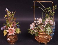 Two metal baskets with enameled flowers