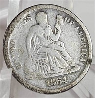 Key 1864-S Seated Liberty Silver Dime F/VF