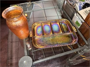 Gold Carnival Glass tray and vase