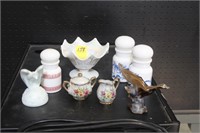 Assorted Ceramic Shakers, Opalescent Bowl, & other