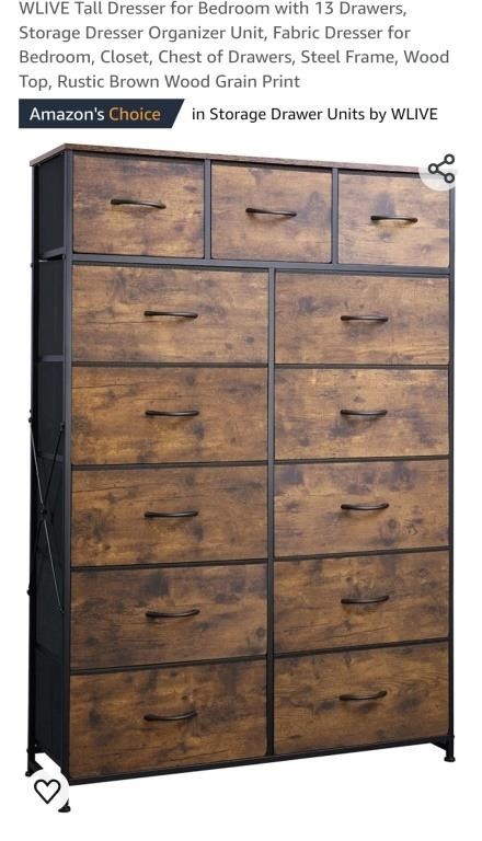 NEW 13 Drawer Fabric Dresser, Rustic Brown Wood