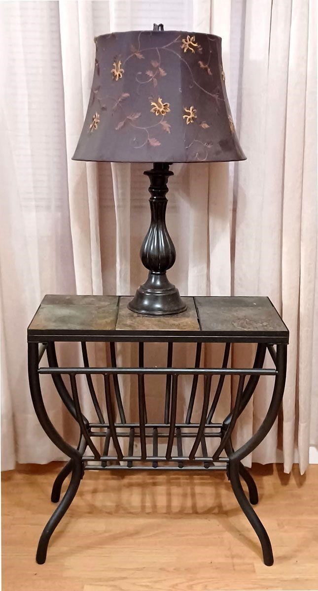 METAL & SLATE TILE END TABLE with MAGAZINE RACK