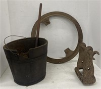 (F) Lot Of Primitive Barn Tools: Wooden Bucket,