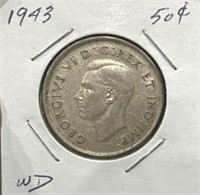 1943 50 Cents Silver Coin- Wide Date (WD)