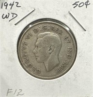 1942 50 Cents Silver Coin- Wide Date (WD)