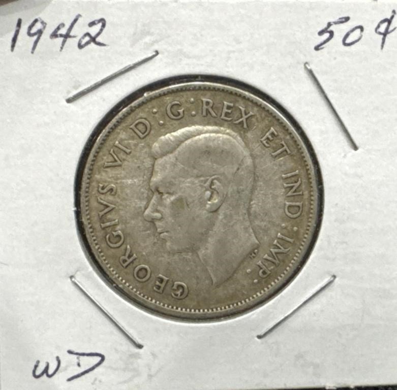 1942 50 Cents Silver Coin- Wide Date (WD)