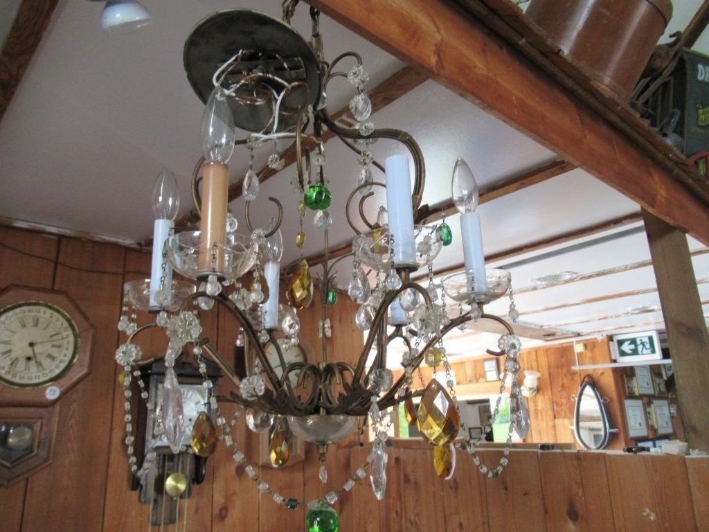 ORNATE BRASS & CRYSTAL EARLY CHANDELIER