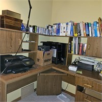Wooden desk and contents