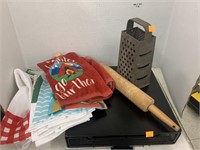 Kitchen hand towels, rolling pin, cheese grater,