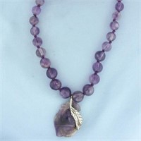 Amethyst Bead Feather Necklace in .925 Sterling Si