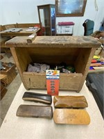 wooden shoe shine box w/shoe brushes