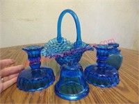 vintage blue glass basket -candleholders -jar