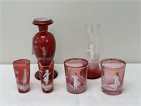 6 Pieces of Red Mary Gregory Glass
