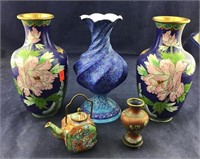 Pair Of Blue Floral Cloisonne Vases, Blue