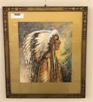 Watercolor of Indian Chief Signed E.Sherman