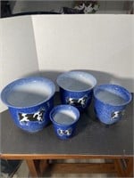 SET OF 4 BLUE POTS WITH BLACK AND WHITE COWS ON