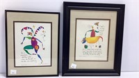 2 colorful framed art illustrations, both signed,