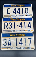 1996 WEST VIRGINIA LICENSE PLATE LOT OF 3 PLATES