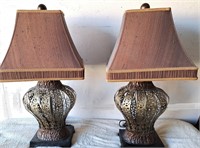 PAIR OF LASER CUT METAL END TABLE LAMPS W SHADES