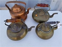 3 Brass & 1 Copper Tea Pots