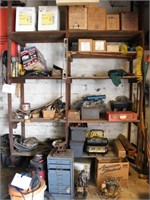 CTS OF LARGE WOOD SHELVES: 3/4 HP AIR COMPRESSOR,