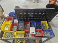 15 Bin Floor Mounted Parts Rack with contents