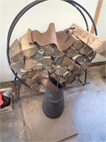 Metal Firewood Rack w/ Firewood + Charcoal Bucket,